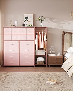 IDEALHOUSE Tall Pink 16-Drawer Dresser for Bedroom – Clothes Hanging R...