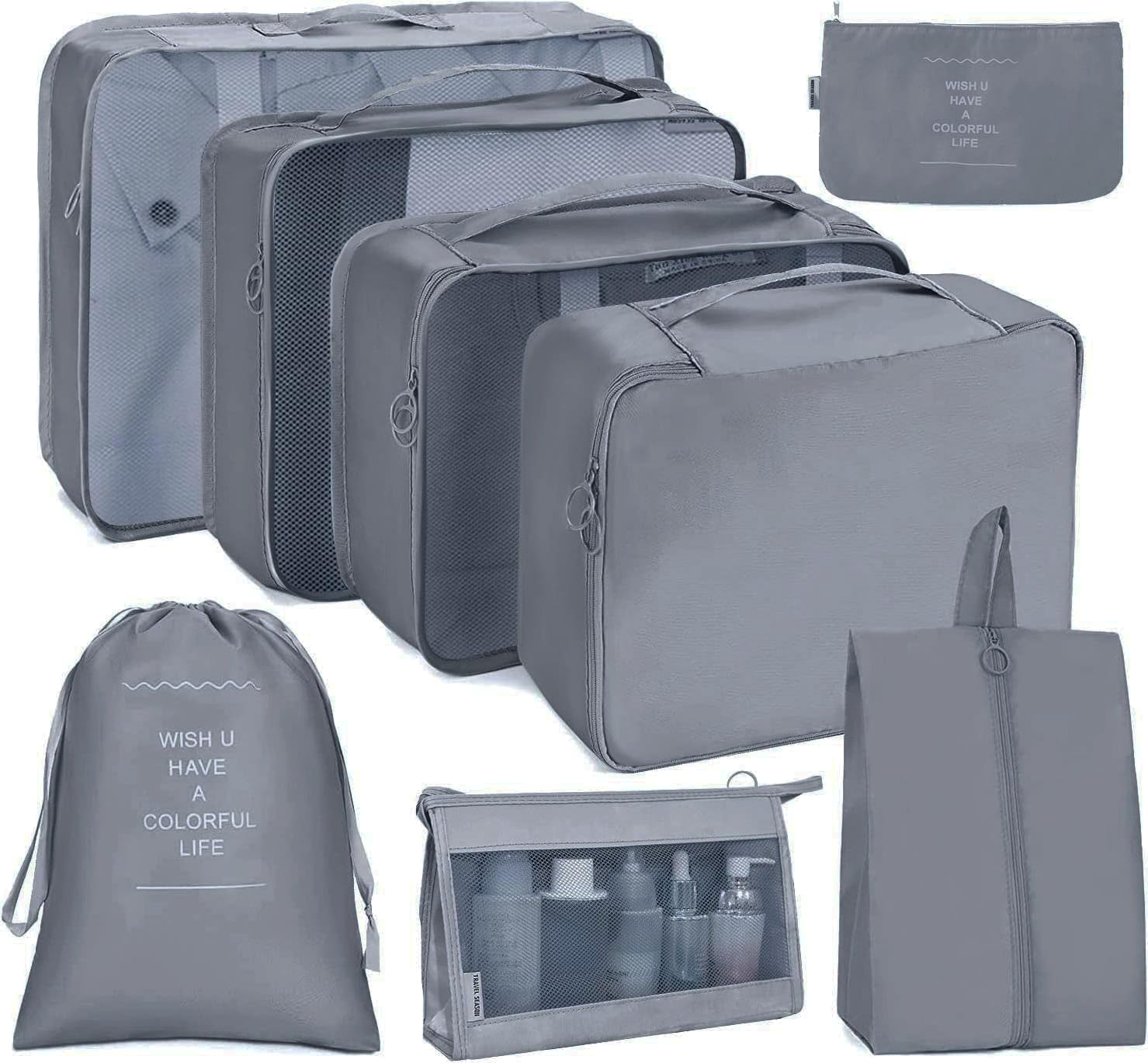 OCEANEVO8 Pcs Packing Cubes for Travel, Travel Organizer Bags for Luggage, Suitcase with Toiletry Pouch and Shoe Bag - Set of 8 - Grey