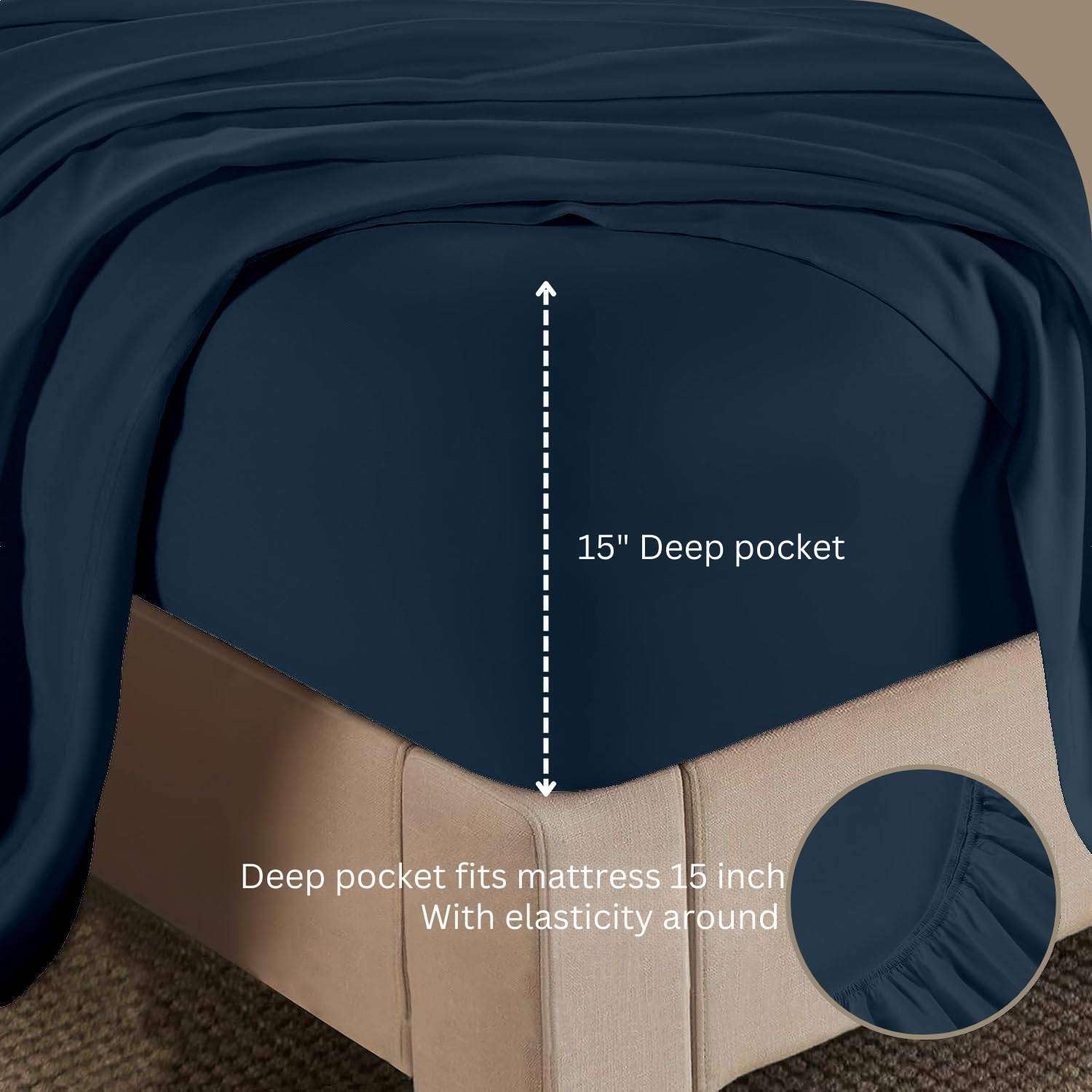 Luxury 4 Piece Queen Sheet Set, Ultra Soft Microfiber Sheets with Deep Pockets, Fits Mattresses up to 15 Inches, 60" x 80", Navy Blue Solid