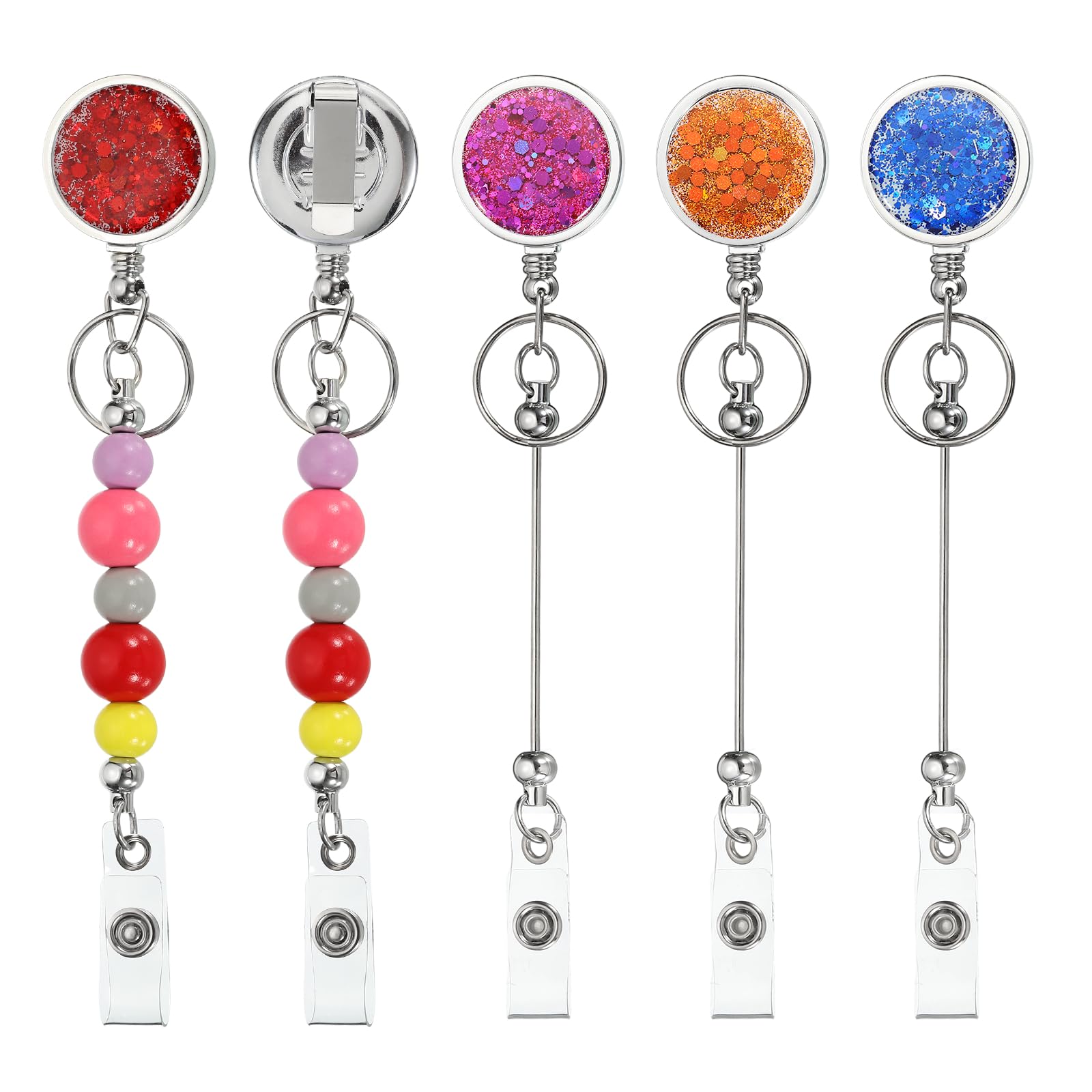 PATIKIL Beadable Badge Reels, 5 Pcs Bead Retractable Badge Holder, Retractable Bead Reel Keychain Blank Bar with Belt Clip for ID Name Key Teachers Office Workers DIY Gift, 5 Color