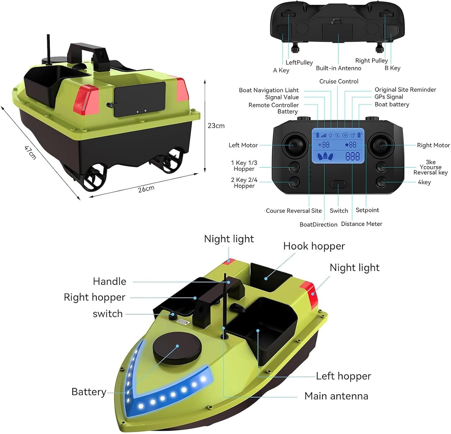 Łódź wędkarska, inteligentna łódź motorowa RC Bait Boats, odległość zdalnego sterowania, kosz załadunkowy 2-3 kg, podwójny silnik, z GPS, przenośna torebka, bateria litowa