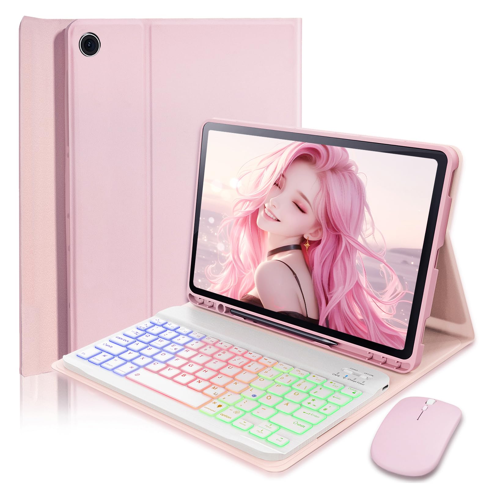 für Samsung Galaxy Tab A9+ Plus (2023) 11 Zoll/Samsung Galaxy Tab A11+ Plus (2025) 11 Zoll Hülle mit Kabelloses Bluetooth Beleuchtete Farbige Deutsch Tastatur (QWERTZ) und Maus, Backlit Keyboard Case