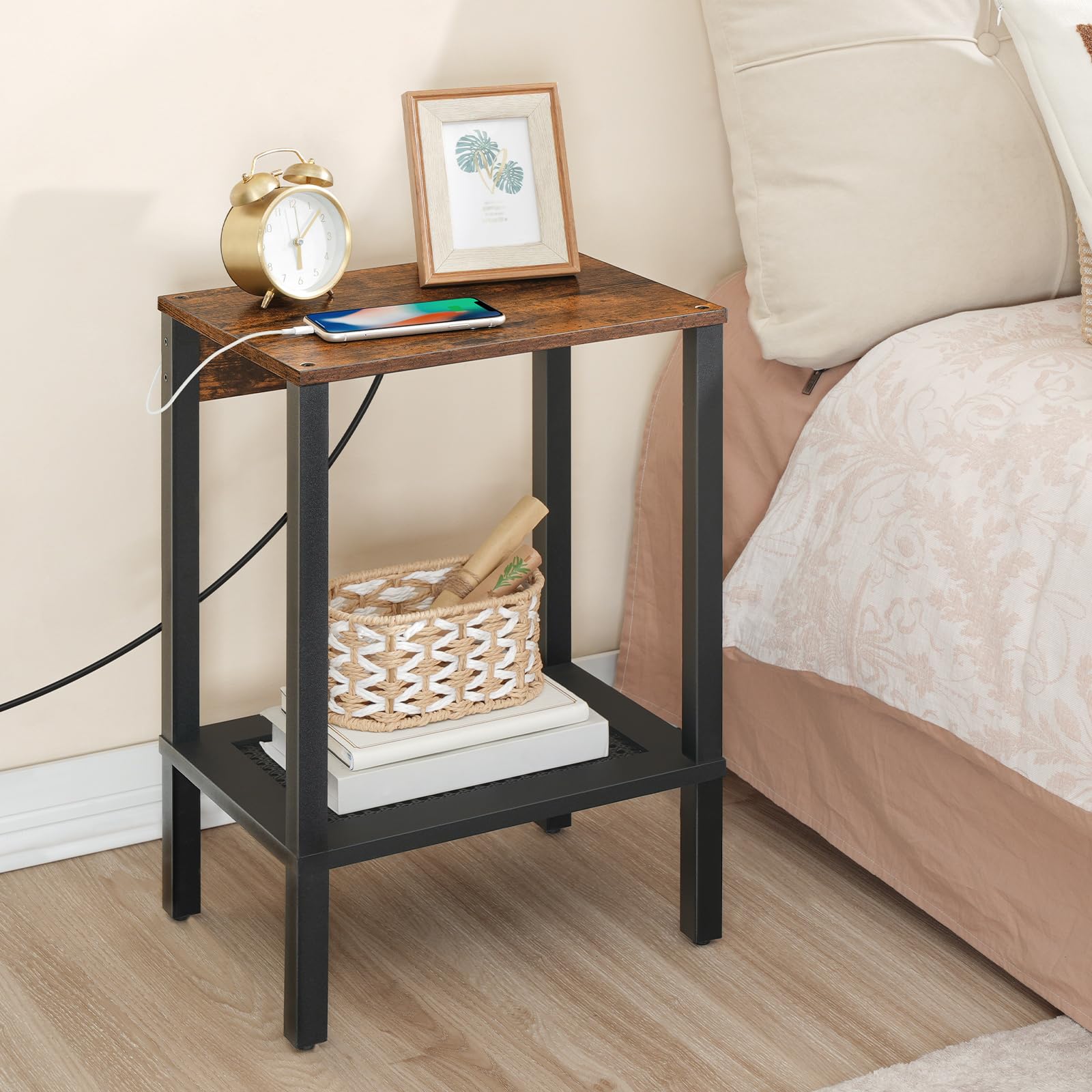 HOOBRO Comodino Con Stazione Di Ricarica, 2 Cassetti In Tessuto, Presa E 2 Porte USB, Tavolino Da Caffè, Adatto Per Soggiorno, Camera Da Letto, Marrone Vintage E Nero EBF110CBZ01 - 8