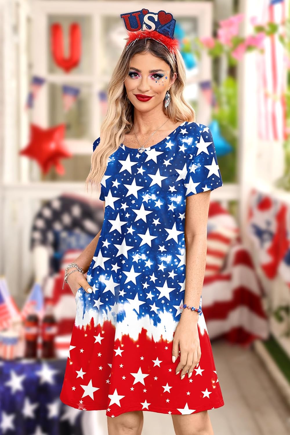 For G and PL Women's July 4th Patriotic Amercian Flag Mini Dress with Pocket