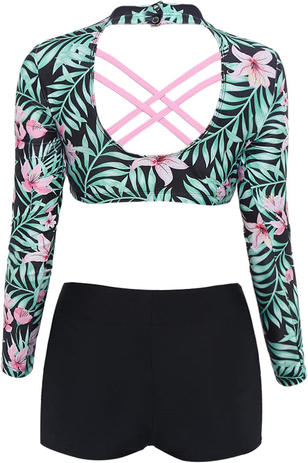 Girls' Rash Guard Set Swimsuit Long Sleeve Criss-Cross Back Tops with Bottoms Two-Piece Swimwear
