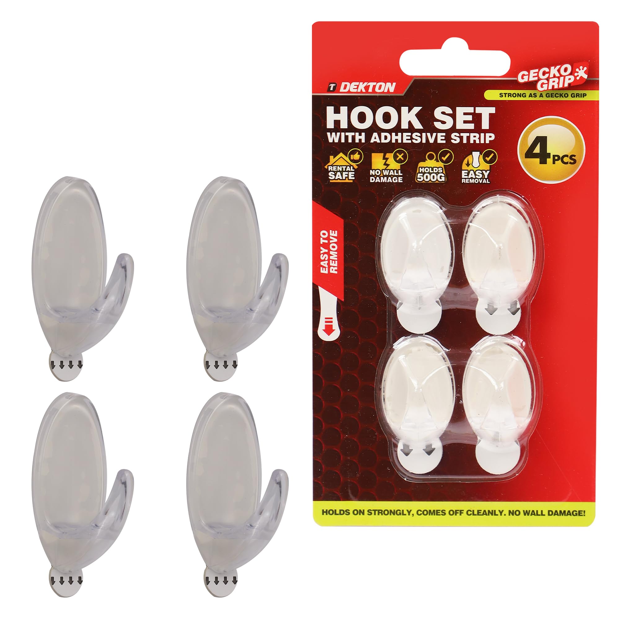 Dekton Geckogrip Hook Set 4pc Clear-Heavy-Duty Wall Hook| Strong Adhesive Grip| Holds Upto 10kg| Ideal for Kitchen, Bathroom, Office| Reusable & Residue-Free| Sleek Clear Finish| Versatile Storage