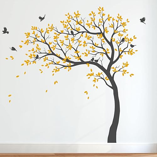 KW032 - Calcomanías de pared de árbol grande con pájaros impresionante árbol mural de vinilo para decoración de pared inclinada izquierda gris