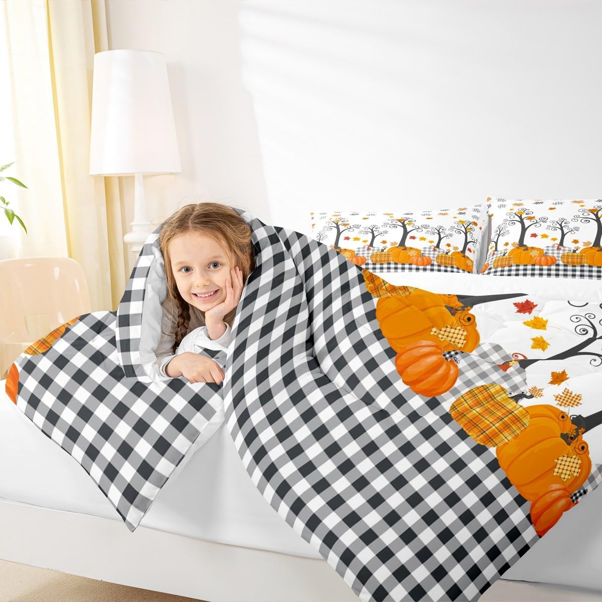 Pumpkin Autumn Comforter Set King Size,Kids Adults Bedroom/Farm Halloween Decor,Black White Plaid Bedding Set,Maple Trees Fall Leaves Down Comforter,Rustic Orange Duvet Insert,3pcs,2 Pillowcases