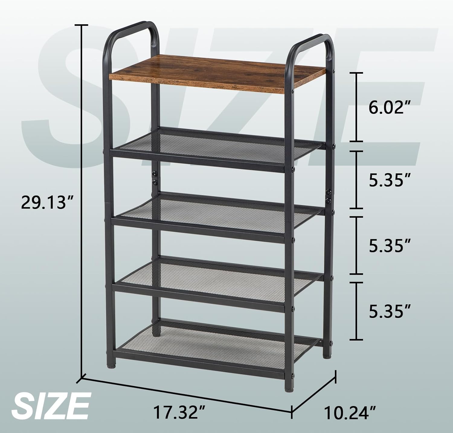 5-Tier Shoe Rack, with Heavy-Duty Metal Grid, Rustic Wooden Top, & Metal Guardrails - Transform Your Space with Style and Functionality Living Room, Kitchen, Bedroom, Garage, & Bathroom