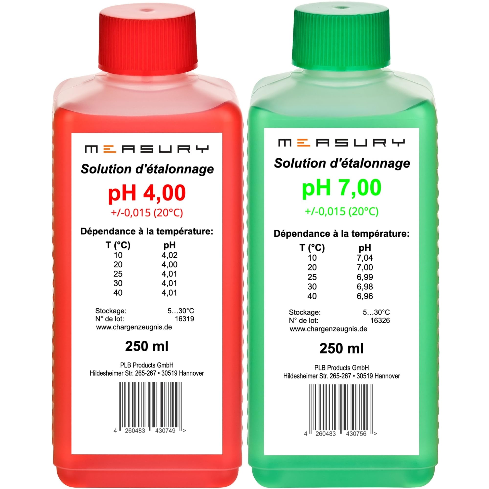 Measury Solution d'étalonnage pH 4.00 et 7.00 – Fabriqué en Allemagne, solution tampon pH 250 ml chacune, solution d'étalonnage rouge/vert, liquide d'étalonnage