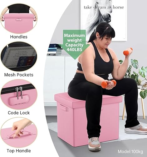 Miniatura 6 de DocSafe Taburete otomano de almacenamiento con cerradura y asas, taburete plegable de cuero ignífugo con caja fuerte de almacenamiento para sala de