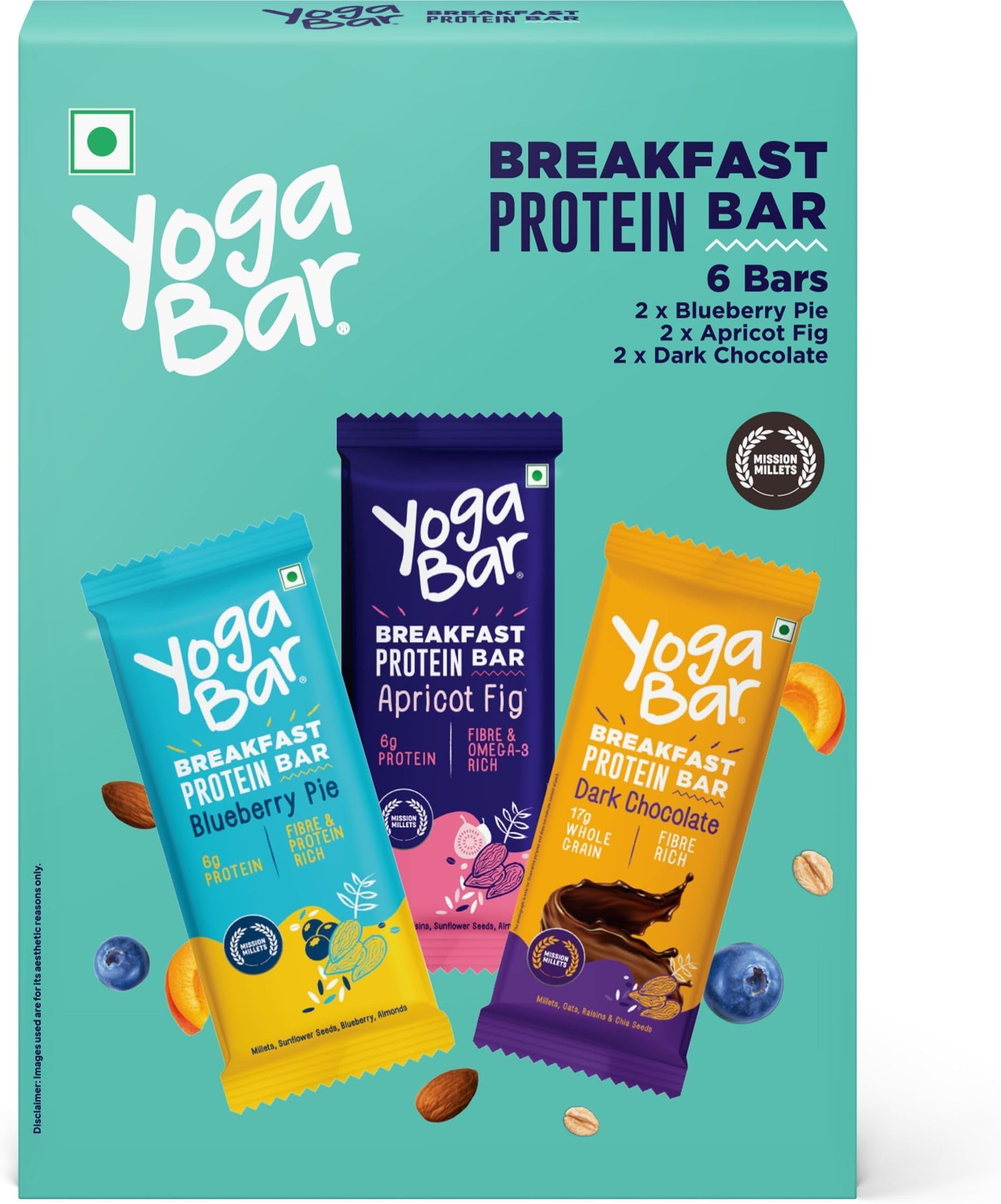 Yogabar Breakfast Bars Variety Pack | Daily Protein Bar | High Energy & Nutrition Bars | High Protein and Fibre | Pack of 6 Protein Bar x 45g | No Preservatives