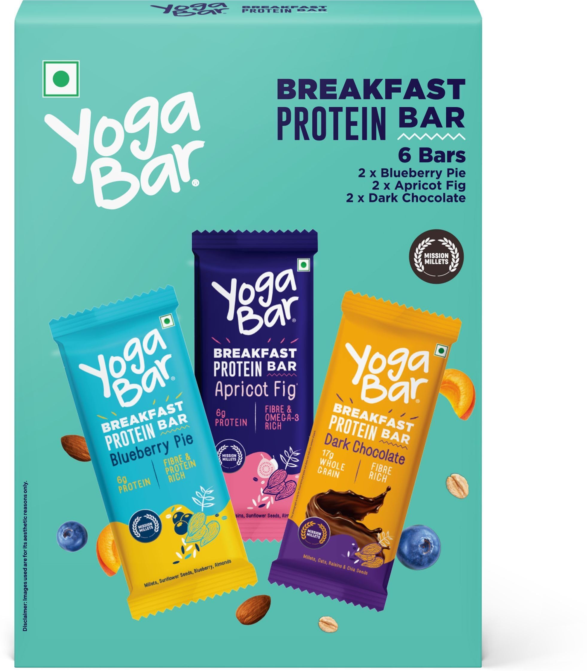 Yogabar Breakfast Bars Variety Pack | Daily Protein Snack | High Energy & Nutrition Bars | 8g Protein & 7g Fibre Protein Bars | Pack of 6 Protein Bar x 45g | No Preservatives