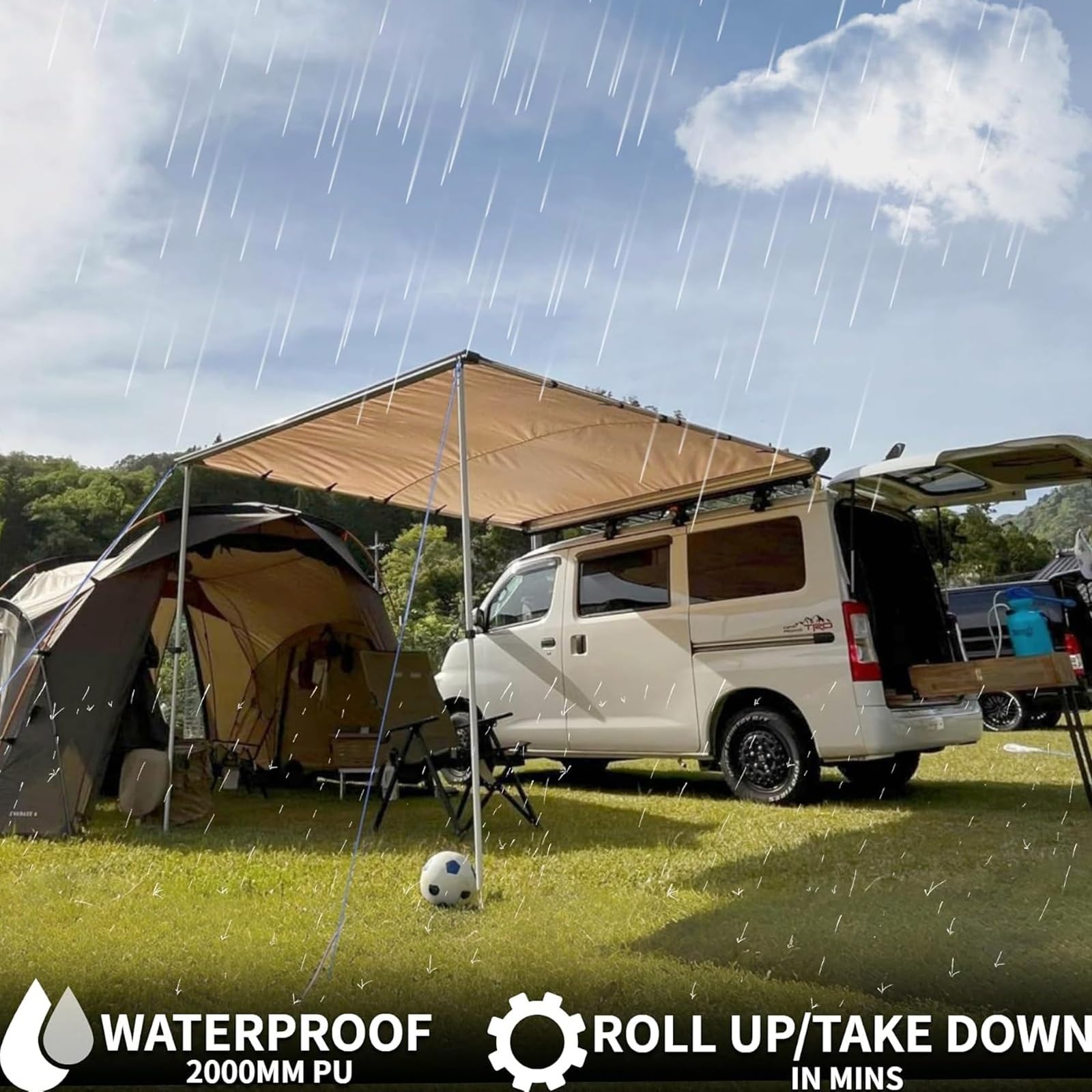 Auto Markise 200 x 250 cm, Ausziehbare Dachgepäckträger Markise, UV50+, PU 2000 Mm Wasserdicht, für Camping, PKW, SUV, LKW und Transporter(200x250cm)