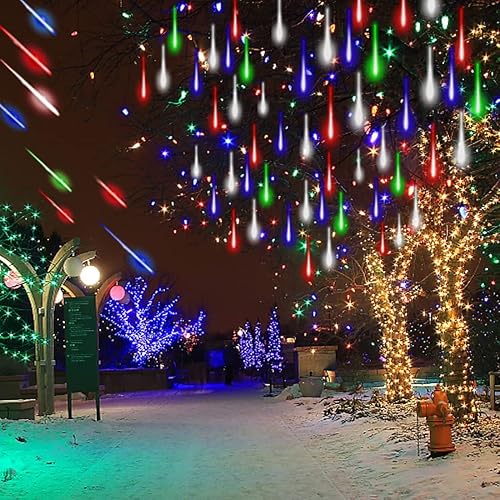 Miniatura 14 de Luces de Navidad para exteriores, árbol en cascada, luz de carámbano, 8 tubos, 192 LED, estrella fugaz, cascada, lluvia de meteoros, luces de lluvia