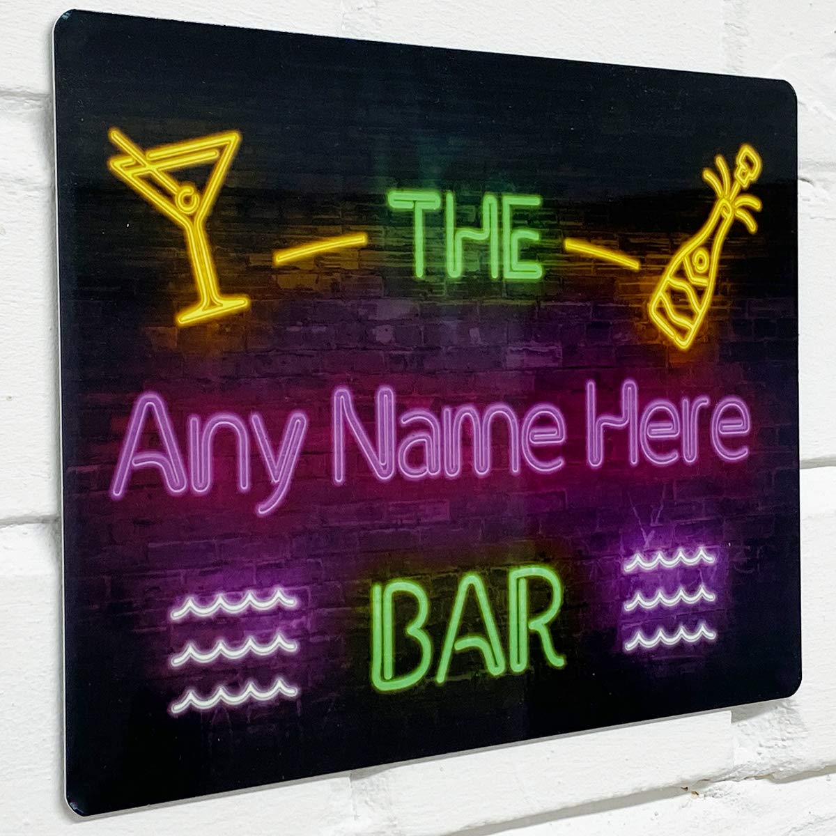 Personalised Bar Sign - Neon effect Printed Metal Sign wall art Waves A4 Bar Add Name