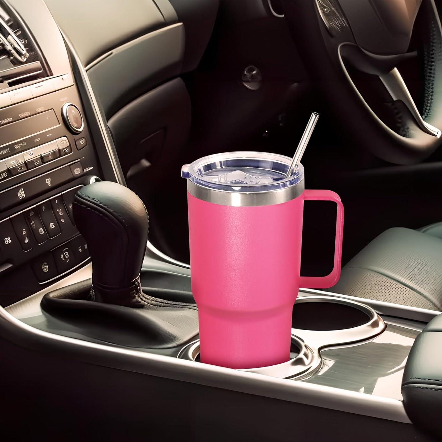 20 oz Tumbler with Handle, insulated cup coffee mug with lid, straw and handle, Double Wall Stainless Steel Vacuum Coffee Tumbler travel mug spill proof, 1pcs Rose Red - Image 4