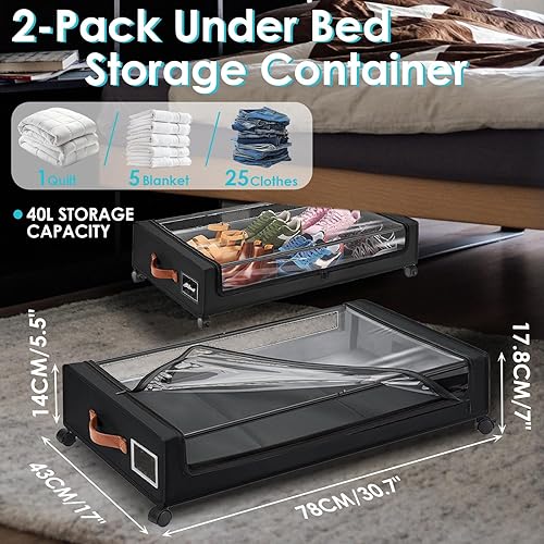 Miniatura 2 de Paquete de 2 unidades de almacenamiento debajo de la cama con ruedas, contenedor de almacenamiento debajo de la cama, cajón de metal enrollable