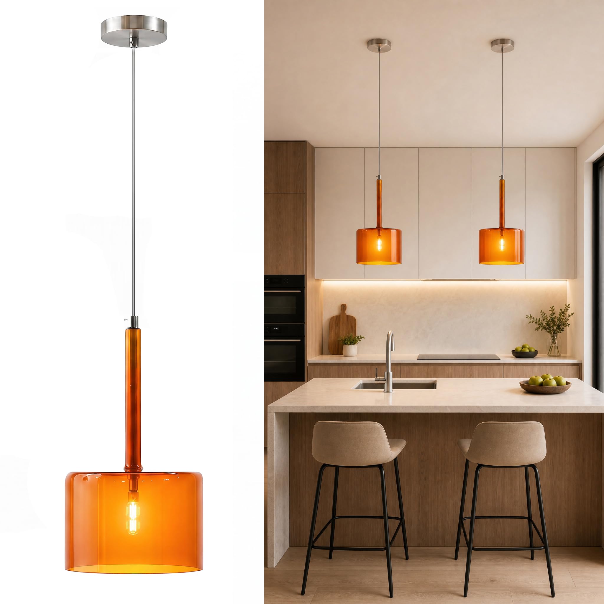 LFsem Modern Minimalist Glass Pendant Light, G4 6W LED Ceiling Hanging Light for Kitchen Island, Dining Room & Bedroom, Simple Chandelier for Home Decor - Warn Glow (Orange)