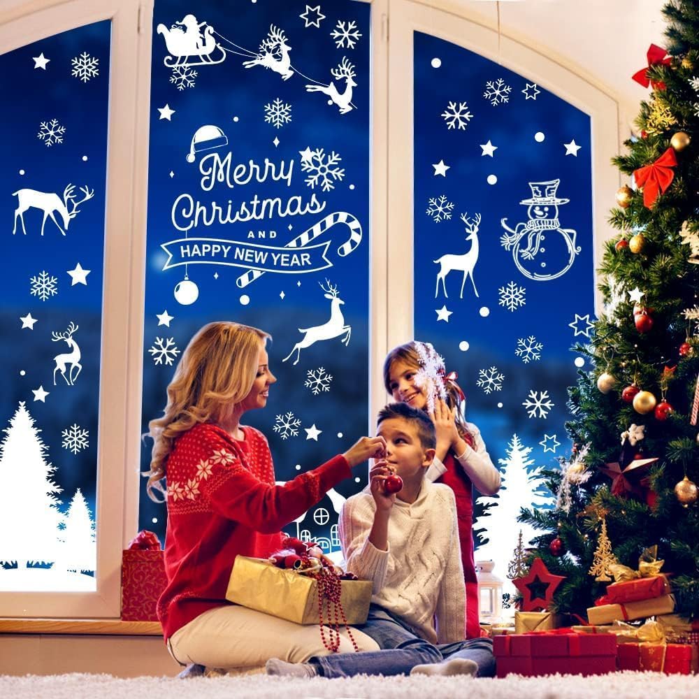 JOFONY - Lot De 2 Autocollants Géants Pour Fenêtre De Noël (Père Noël Et Bonhomme De Neige) - 42,5 X 90 Cm - Réutilisables Et Faciles à Coller - 10