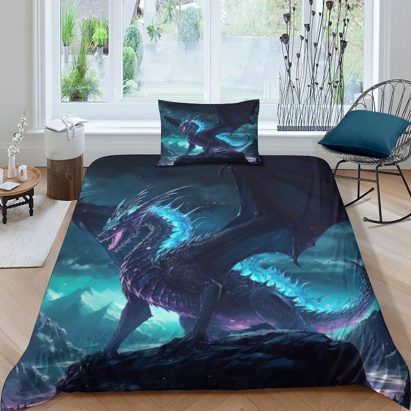 TNFHSOFT Flying Dragon Duvet Cover Microfiber Bedding Set, 3D Print Cool Animals Quilt Cover With Pillowcases, 3 Pieces With Zipper Closure, Winter Soft Comforter Cover Single（135x200cm）