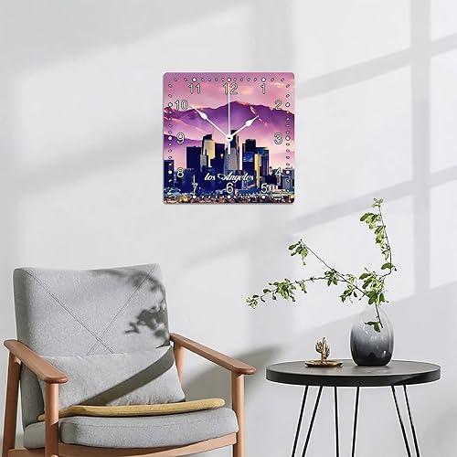 Miniatura 6 de 12x12in Decorative Wall Square Wood Clock Arabic Numerals Clock Silent Non-Ticking Battery Operated Clock United States Cityscape Los Angeles