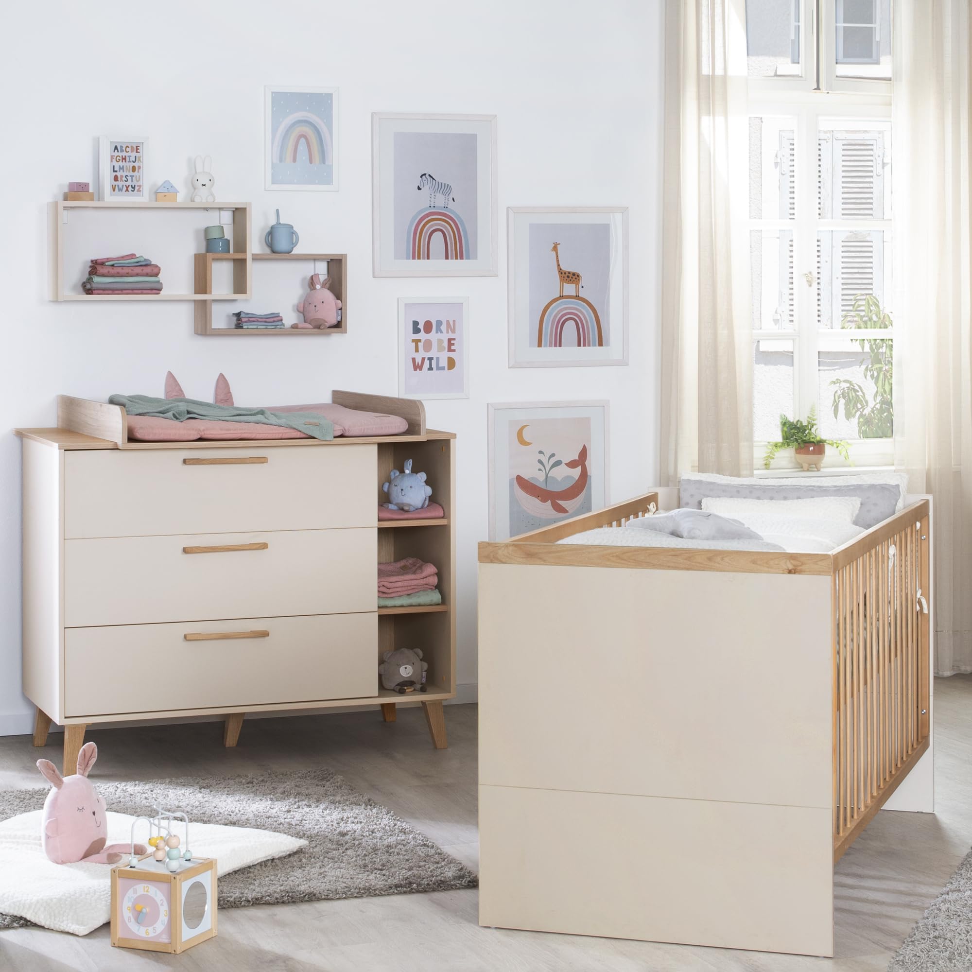 roba Babyzimmer Set Jil - 2-teiliges Set mit Kombi-Kinderbett 70x140cm + Wickelkommode mit abnehmbarem Wickelaufsatz - Cashmere/Holzdekor Chestnut