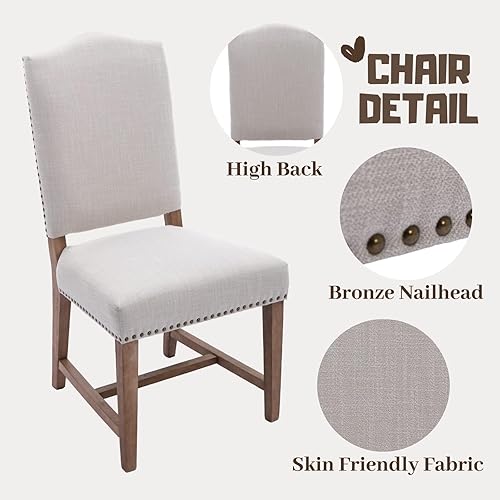 Miniatura 6 de ROCITY Juego de 2 sillas de comedor de lino tapizadas color beige, sillas laterales de cocina con patas de madera y ribete de cabeza de clavo