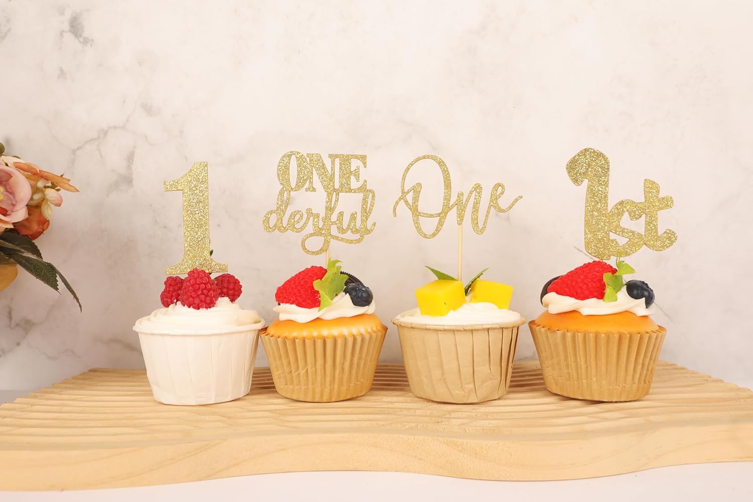 24Pack First Birthday Cupcake Topper - Glitter Gold One Cupcake Picks,1st Birthday Cupcake Decorations Supplies (Gold) - Image 2