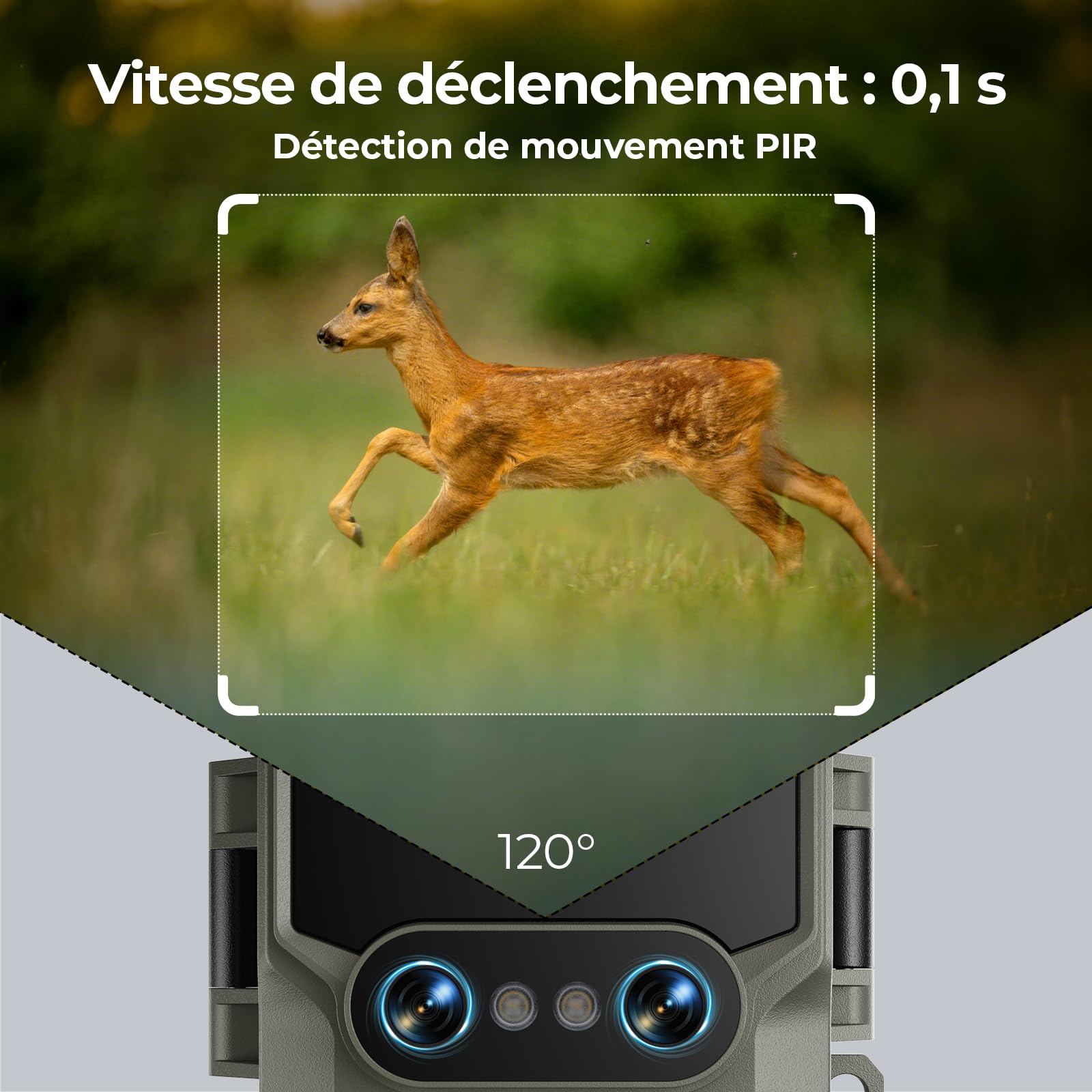 WOLFANG Caméra de Chasse, Double Objectif Caméra Chasse Solaire WiFi 4K/64MP, Détecteur de Mouvement de 0,1s, avec App, 5000mAh Batterie, Vision Nocturne étoilée, IP66 Étanche