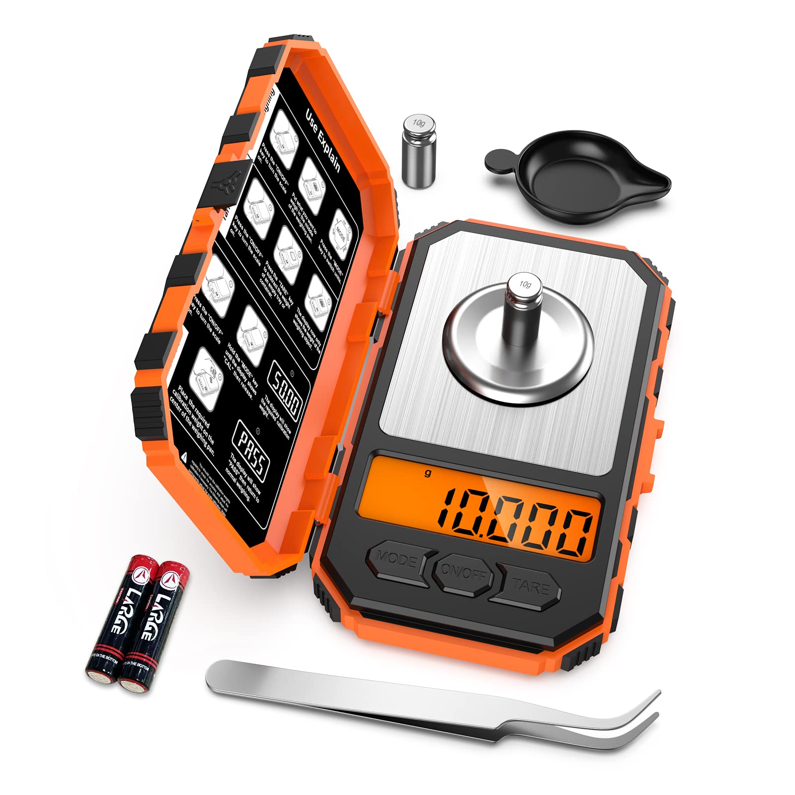 Ankilo Newset Digital Milligram Scale, 50/0.001g High-Precision Pocket Jewelry Scale, LCD Backlit Display, 6 Units, Auto Off, Tare with 20g Calibration Weights Tweezers, Orange(Batteries Included)