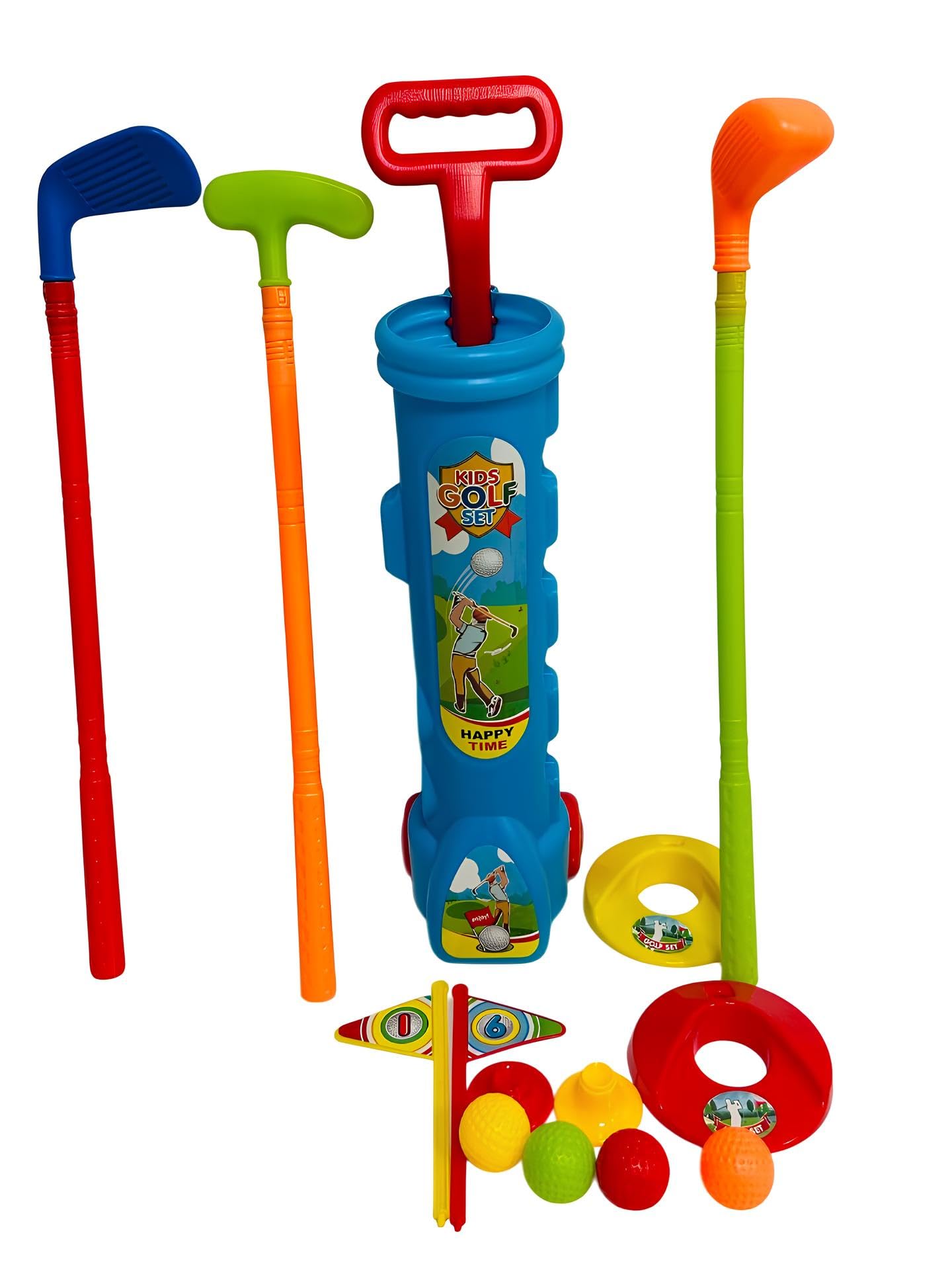Golf Enfants Ensemble de Jeu Sac avec Roues Trolley 3 Battes 4 Balles 2 Trou Drapeau Mini Golf Intérieur Extérieur