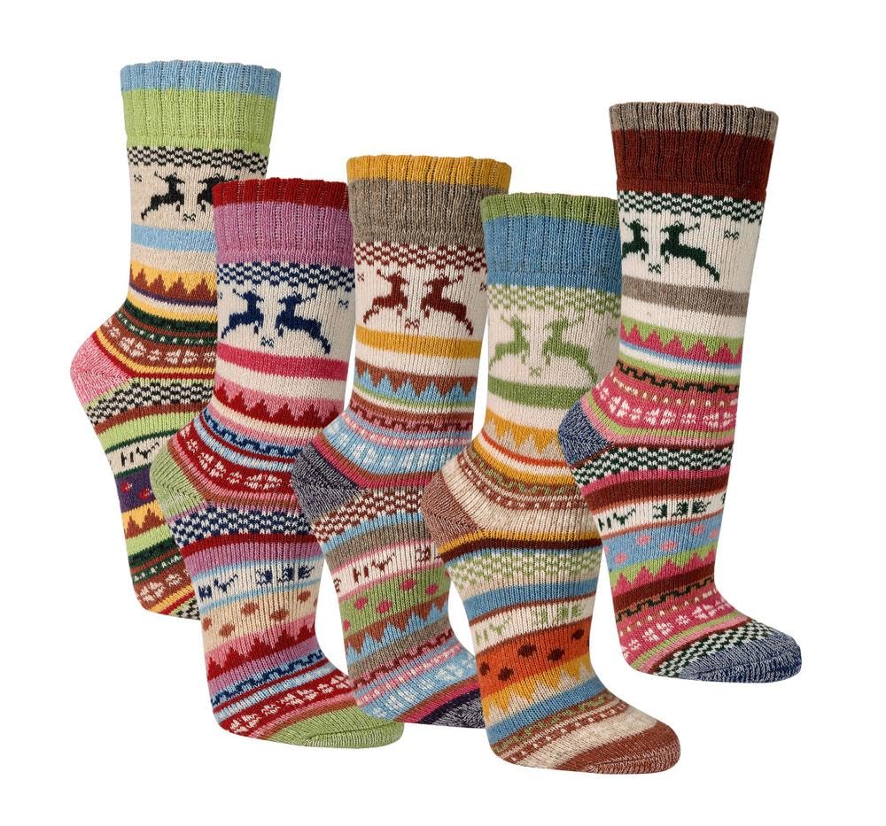 Leo Design Wool Socks for Men & Women,2 Pairs Norwegian Nordic Hygge, Cushioned Thermal Knitted Hiking Walking Boot Socks, gift for him and her (UK, 2-5, Elk1)