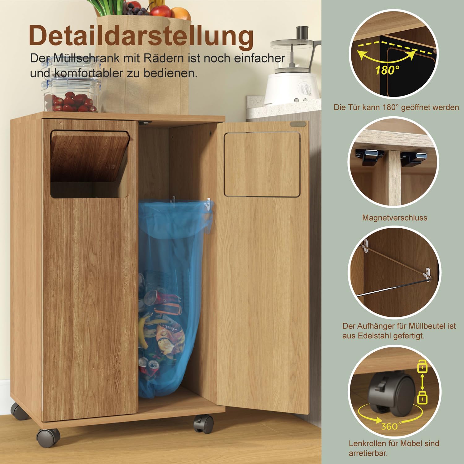 Mülleimer Schrank Küche, Mülleimer mit Rollen, Küchenschrank mit Mülltrennsystem, Mülltrennsystem 2 fach, Univeralschrank in Hellholz-Optik, Recyclingschrank (Naturholzfarbe, 46,7x35x80cm)