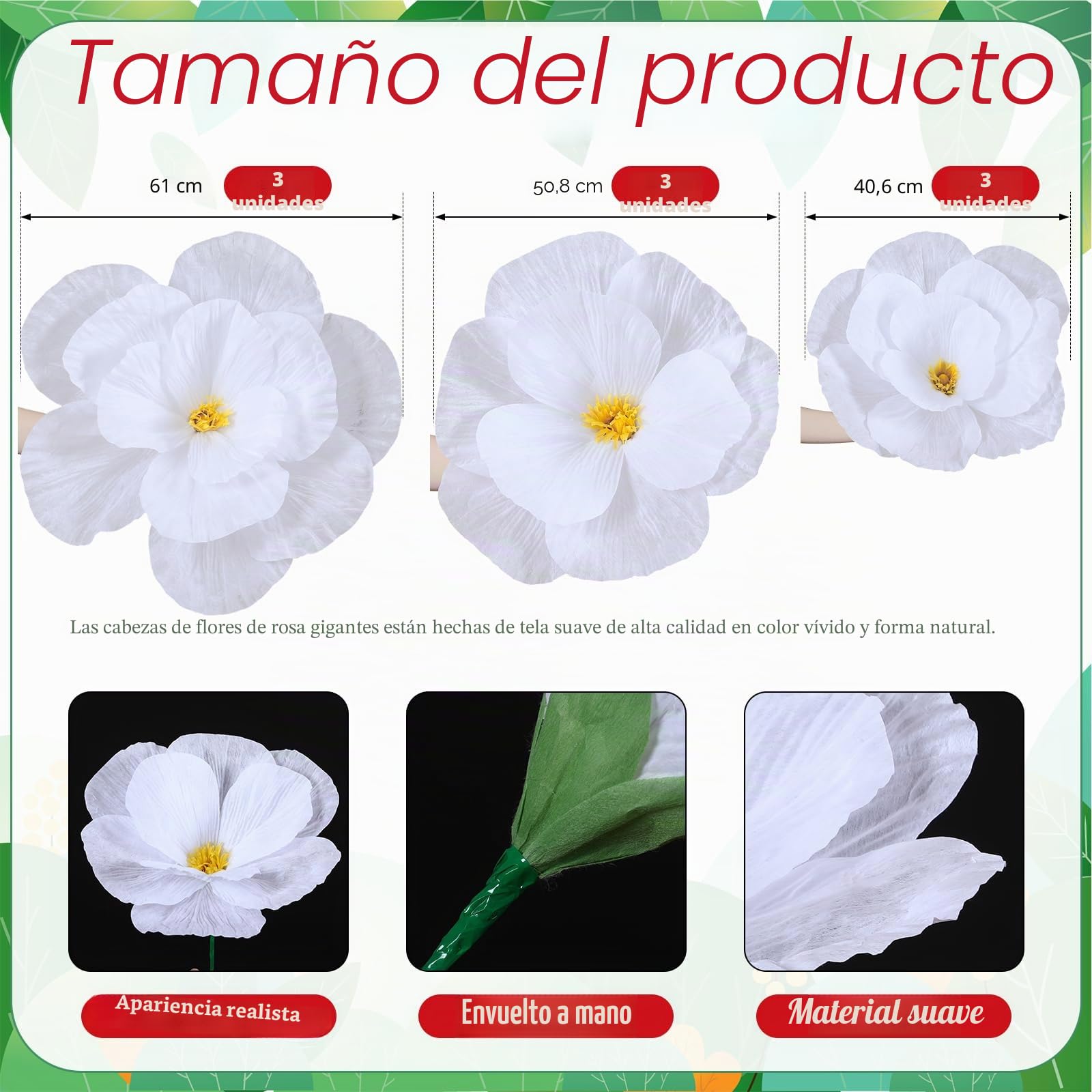 Norme - 3 flores gigantes blancas artificiales de papel, 40, 50, 60 centímetros, para decoración de boda, San Valentín, cumpleaños, ceremonia nupcial, fondo de habitación, fiesta, interior y exterior