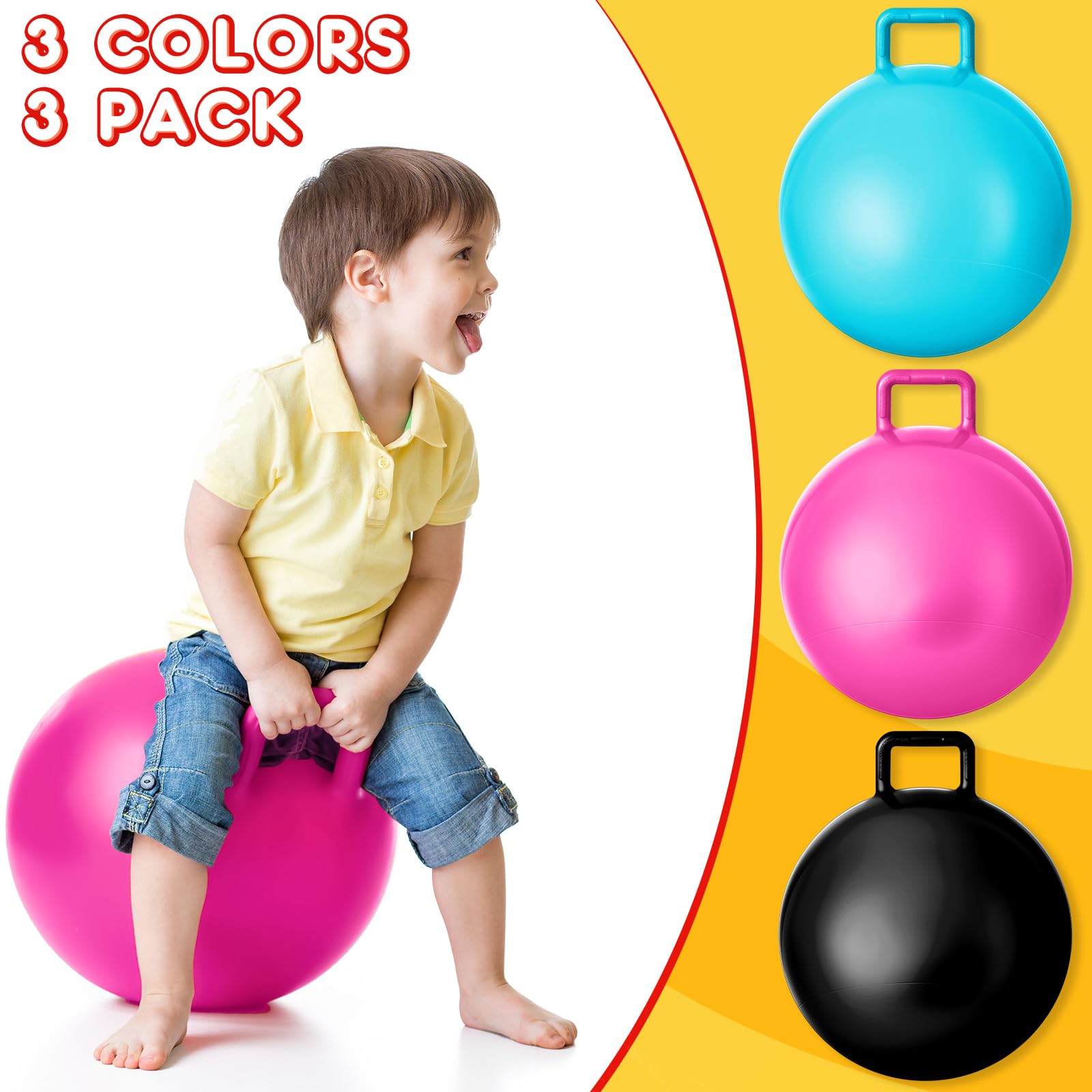 Lewtemi 3 Pcs Hopper Ball Exercise Balls with Handle, 18 Inch, Lake Blue, Black, Rose Red, Strong PVC Material