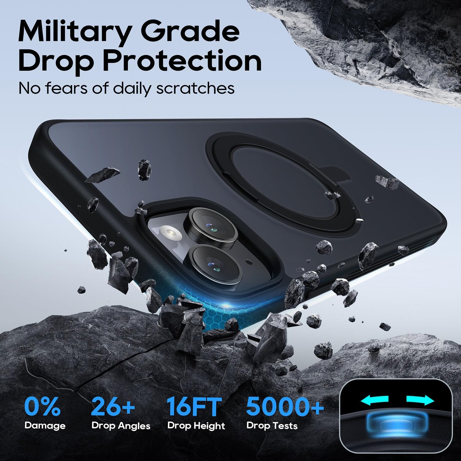 for iPhone 15 Case 6.1-Inch with Magnetic 360° Ring Stand Compatible with MagSafe Frosted Matte Shockproof Protective Phone Cover 6.1" 2023, Black