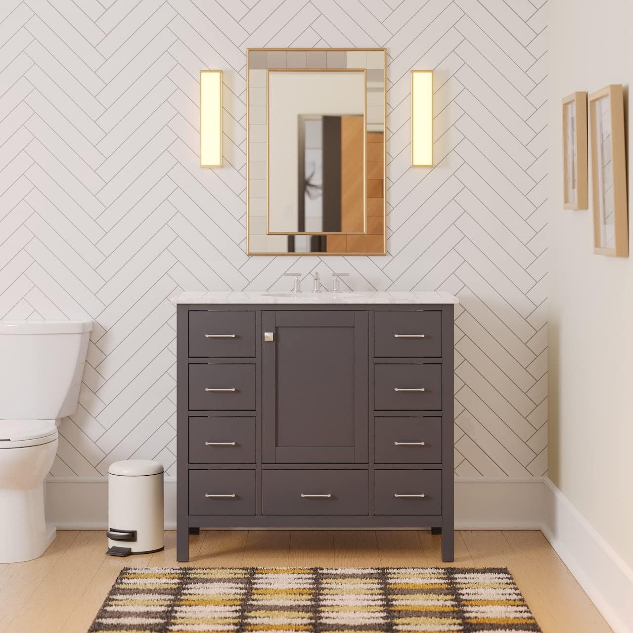 Kitchen Bath Collection Horizon 42-inch Bathroom Vanity (Engineered Carrara/Marine Gray): Includes Marine Gray Cabinet with Engineered Carrara Countertop and White Ceramic Sink