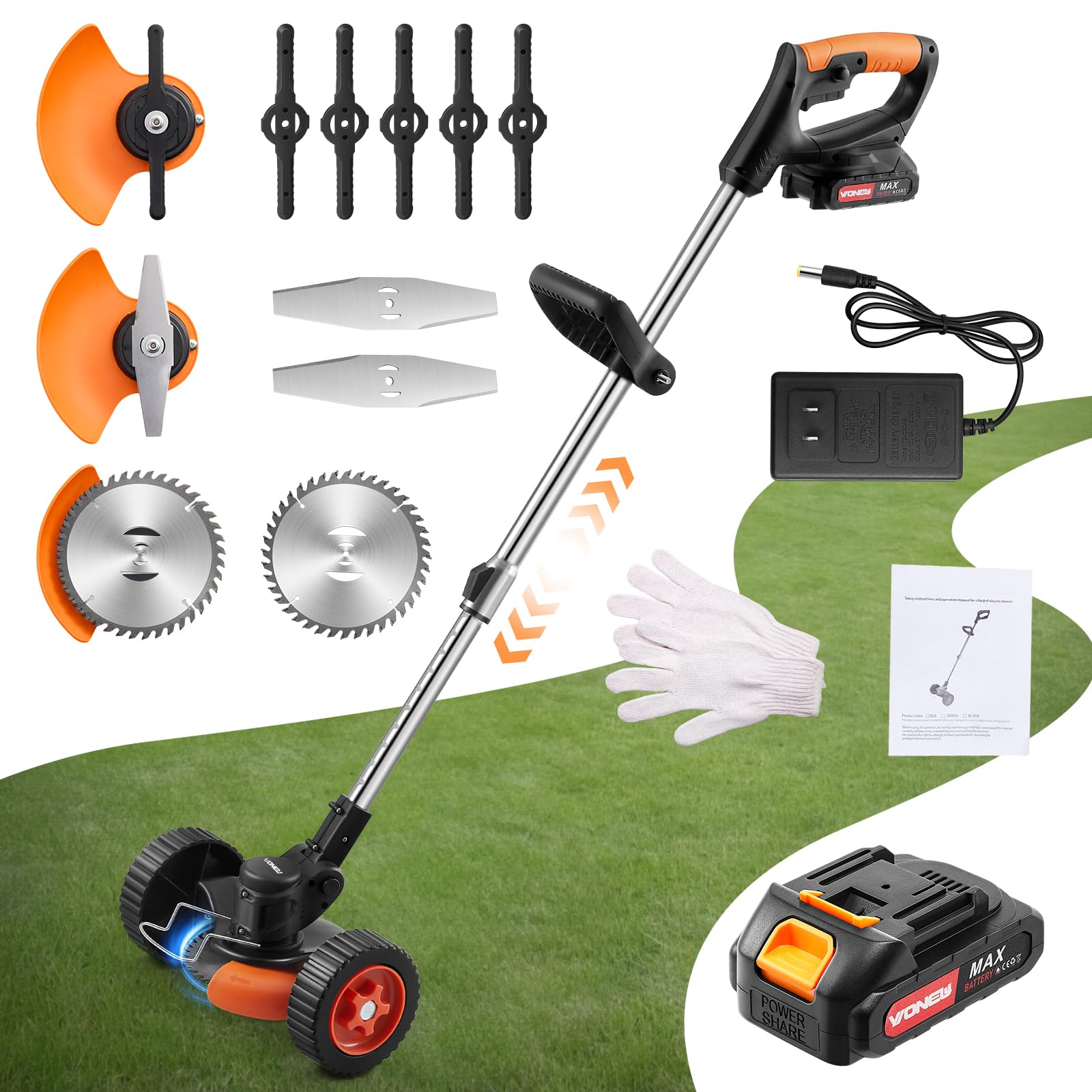 DKIEI 3-In-1 Cordless Strimmer, Garden Electric Grass Strimmer With Removable Wheels, Metal Blade & 24V Battery Weed Trimmer For Yard, Lightweight 3KG Garden Tools Adjustable Height Lawn Mowers