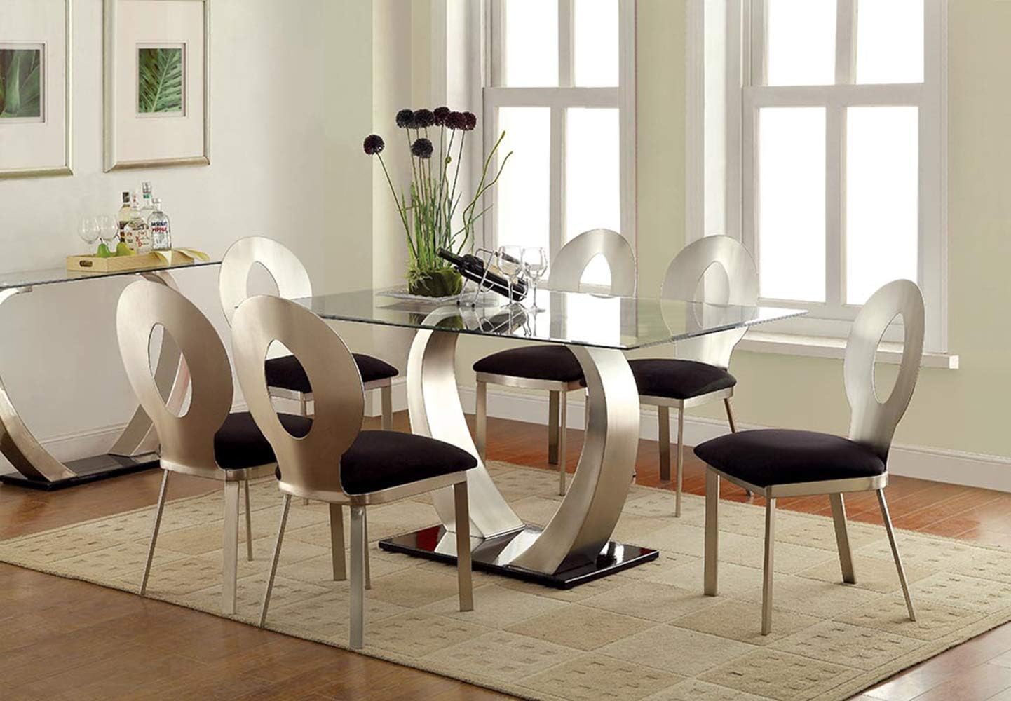 24/7 Shop at Home Buzz 7-Piece Dining Set with Balloon Cutout Back Chair, Silver and Black