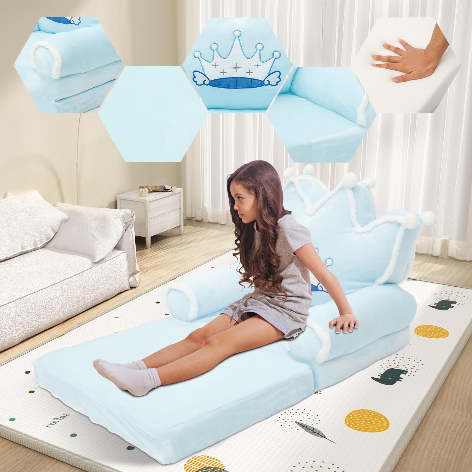 Krzesło dla małych dzieci, wygodna sofa do spania, składana kanapa dla małych dzieci, lekka kanapa dla niemowląt, przenośna kanapa dla dzieci w wieku od 1 do 4 lat (niebieska korona futrzana)