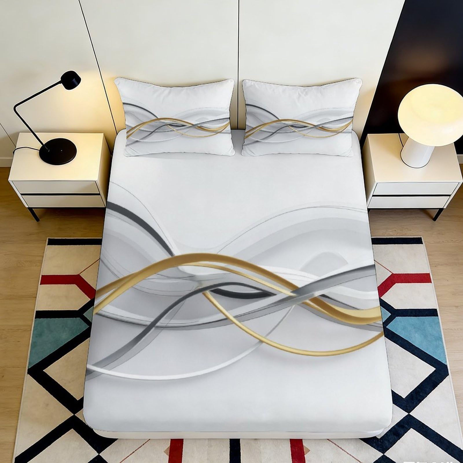 Pnayamiorkfel Style-6 3D Printed Gold Silver Wave Fitted Sheet Microfiber Soft Modern Abstract Mattress Cover Bedroom Decor 90X200x25cm