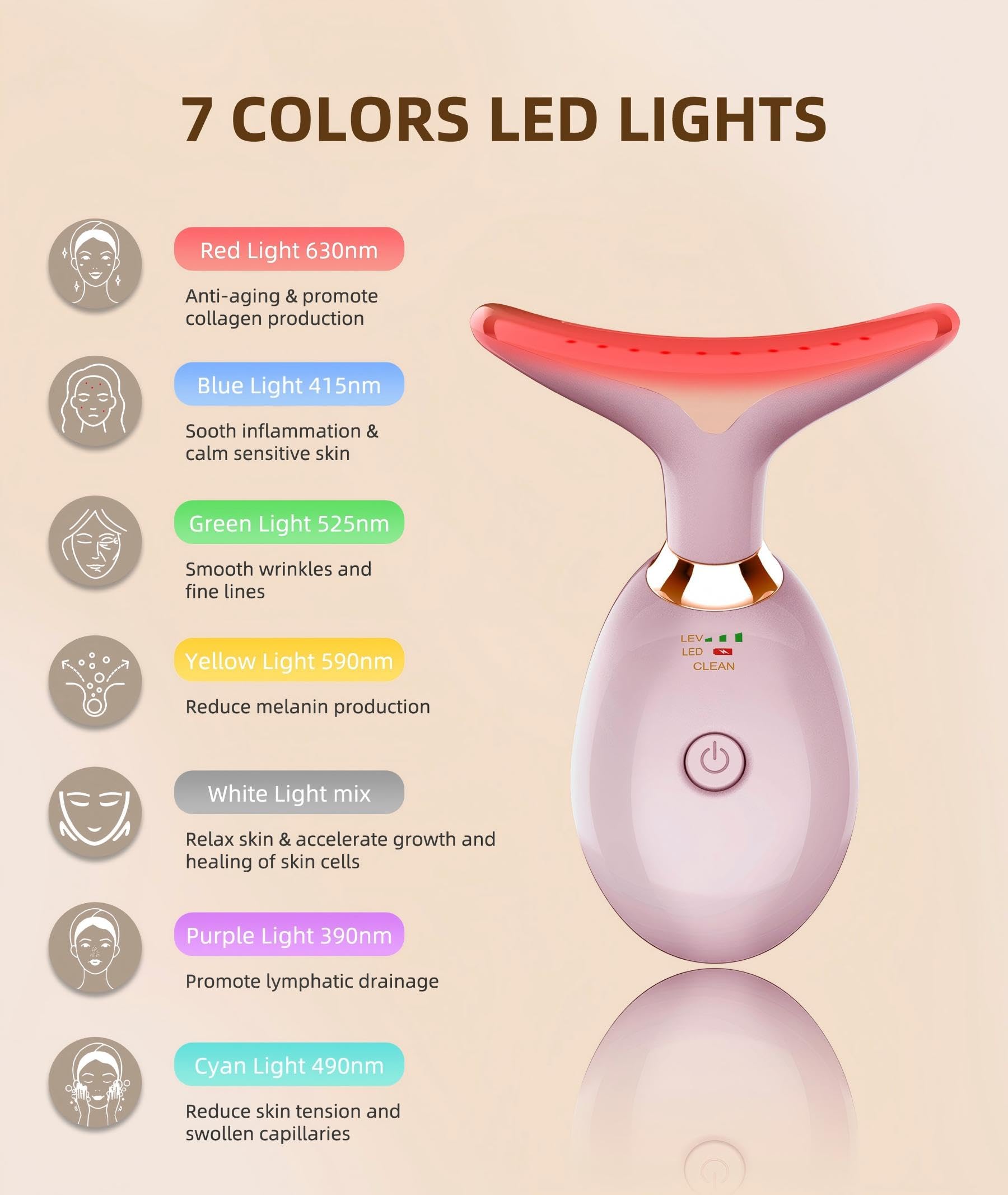 7 Color Face and Neck Massager Light Therapy, Red Light Based Facial Massager for Skin Care, Firming, Smoothing (Pink)