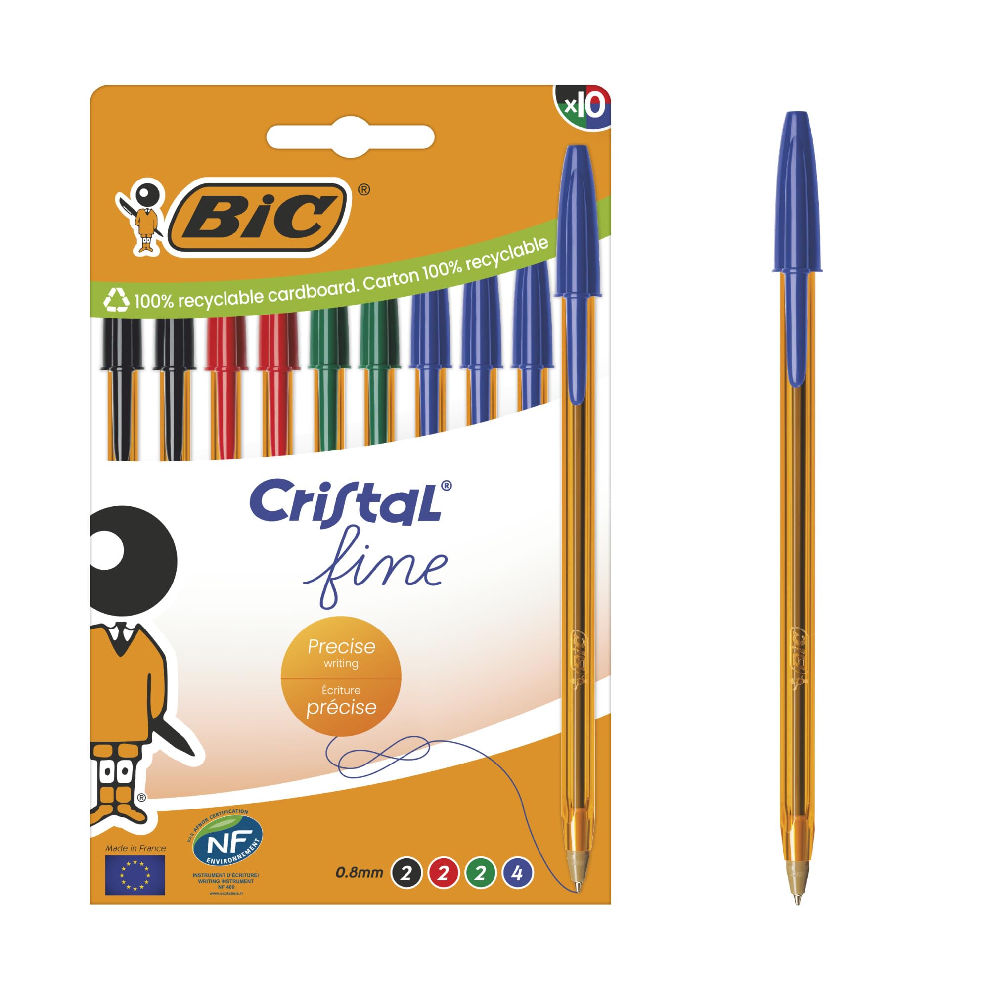 Cristal Original Ballpoint Pens Fine Tip (8 mm) - Assorted Colours - Orange Barrel - Box of 10