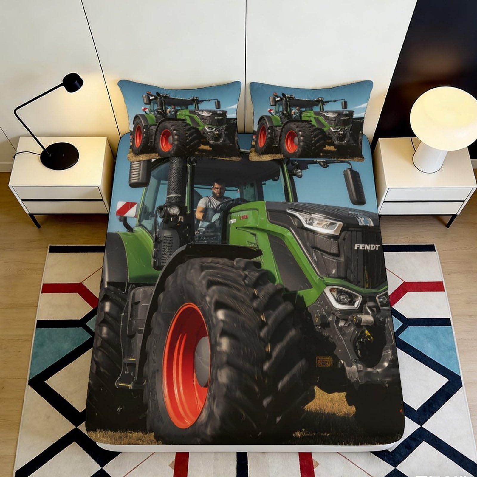 3D Printed Tractor Farm Fitted Sheet Microfiber Soft Durable Machinery Bed Cover for Bedroom Guest Room Decor 90x200x25cm