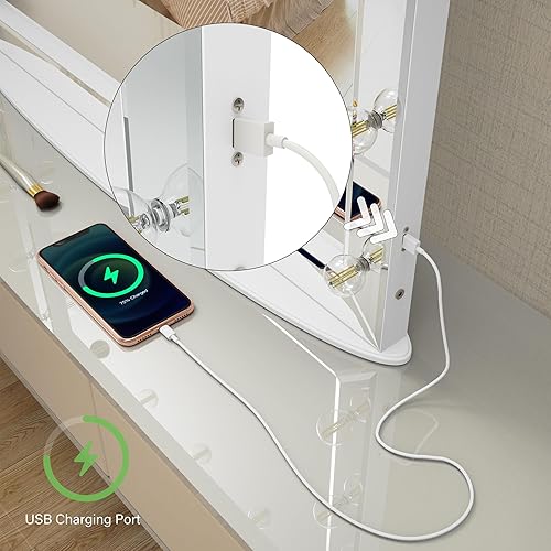 Miniatura 5 de WONSTART Espejo de tocador con luces de 33 x 24 pulgadas, espejo de maquillaje iluminado con 11 bombillas reemplazables y 10 lupa, carga USB, luz