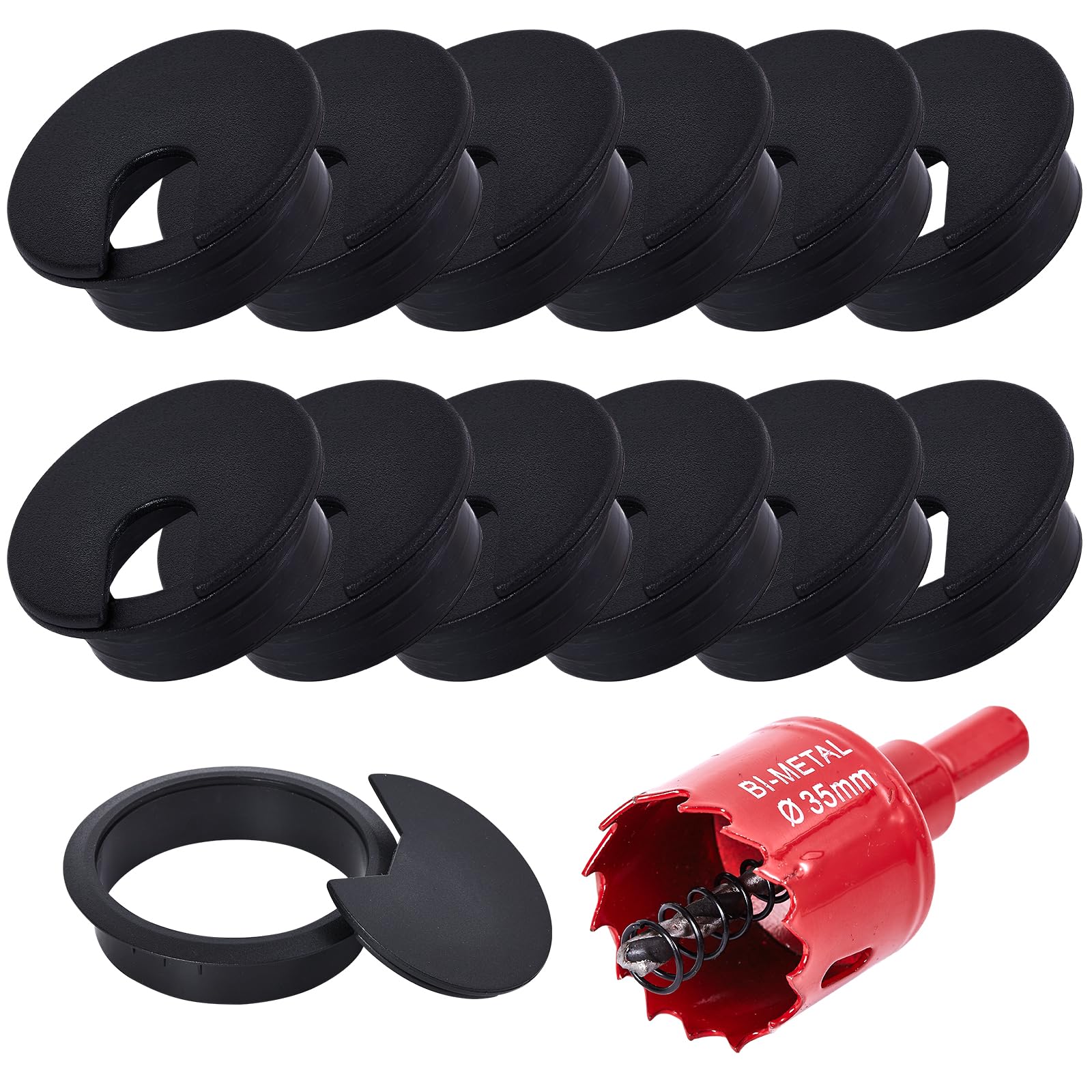 12 Pcs Desk Grommet 35mm with 35mm Hole Saw, Cable Grommet, Desk Cable Hole Cover, Desk Cable Grommet, Desk Hole Cover(Black)