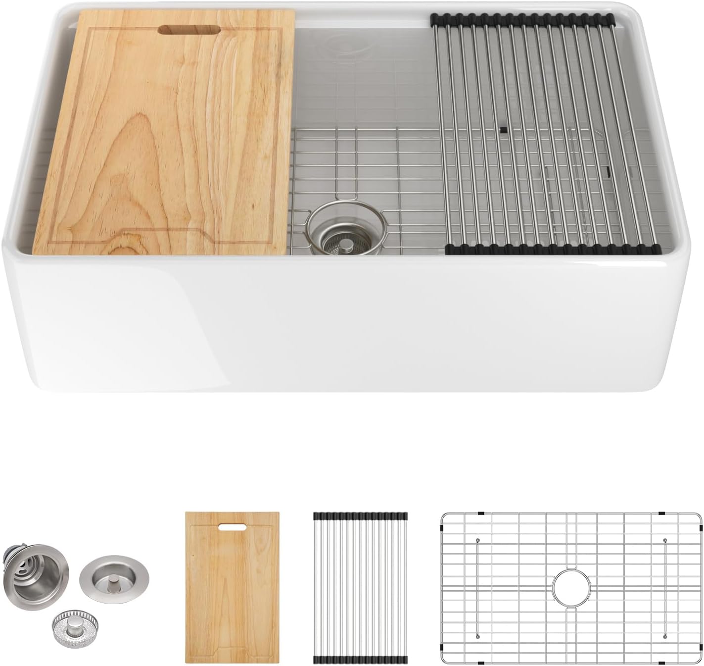 Sarlai 33 White Farmhouse Kitchen Sink - 33x20 Inch Farm Kitchen Sink Ledge Workstation White Ceramic Porcelain Fireclay Farmer Sinks 10" Inch Deep Single Bowl Basin with Assesory Kit