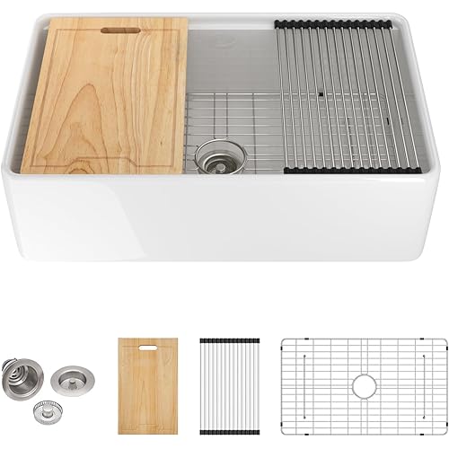 Sarlai 33 White Farmhouse Kitchen Sink - 33x20 Inch Farm Kitchen Sink Ledge Workstation White Ceramic Porcelain Fireclay Farmer Sinks 10" Inch Deep Single Bowl Basin with Assesory Kit