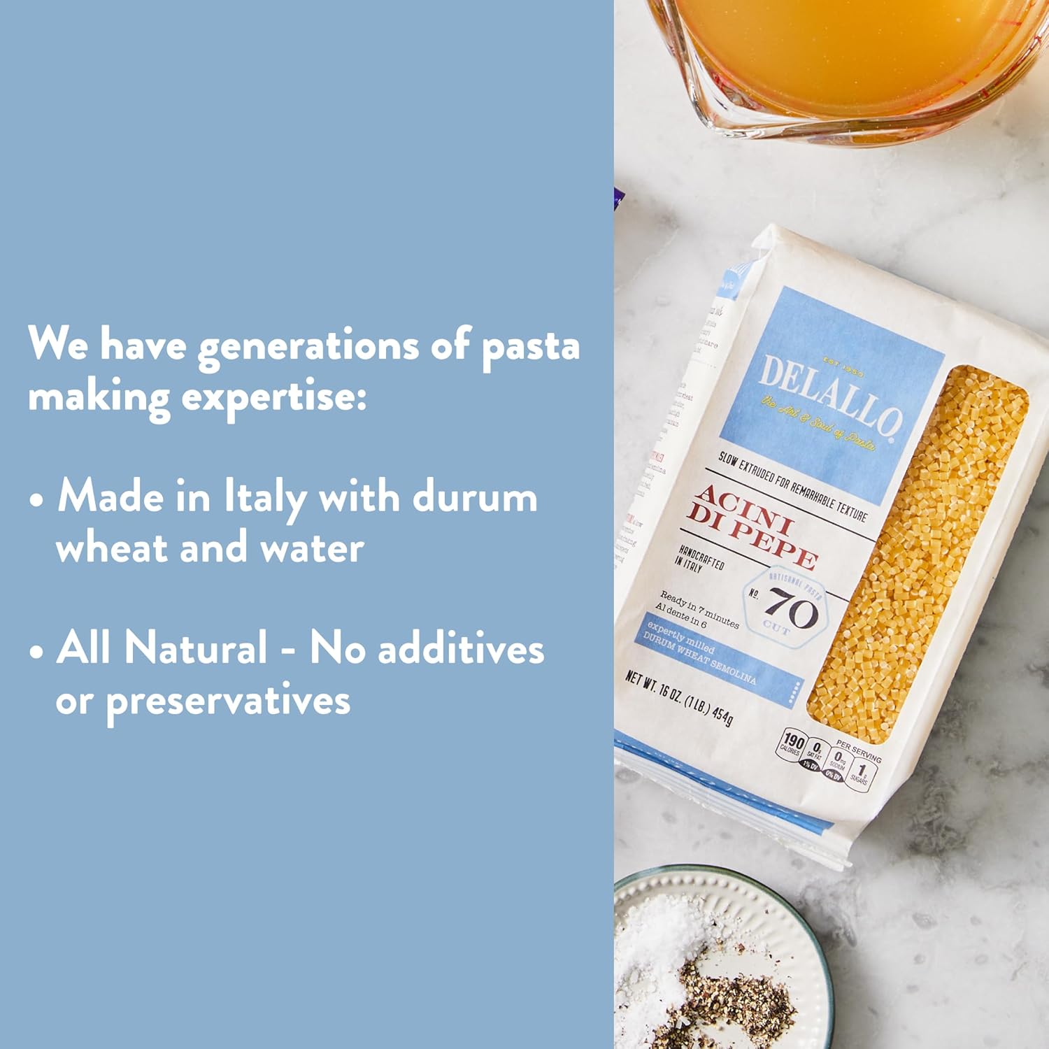 DeLallo Acini di Pepe Pasta, Pastina Pasta Made in Italy, Made with Only 100% Durum Wheat Semolina Flour, Non-Enriched, All Natural, Bronze Cut, Kosher, Non-GMO, 1 Pound Bag, (4 Pack)
